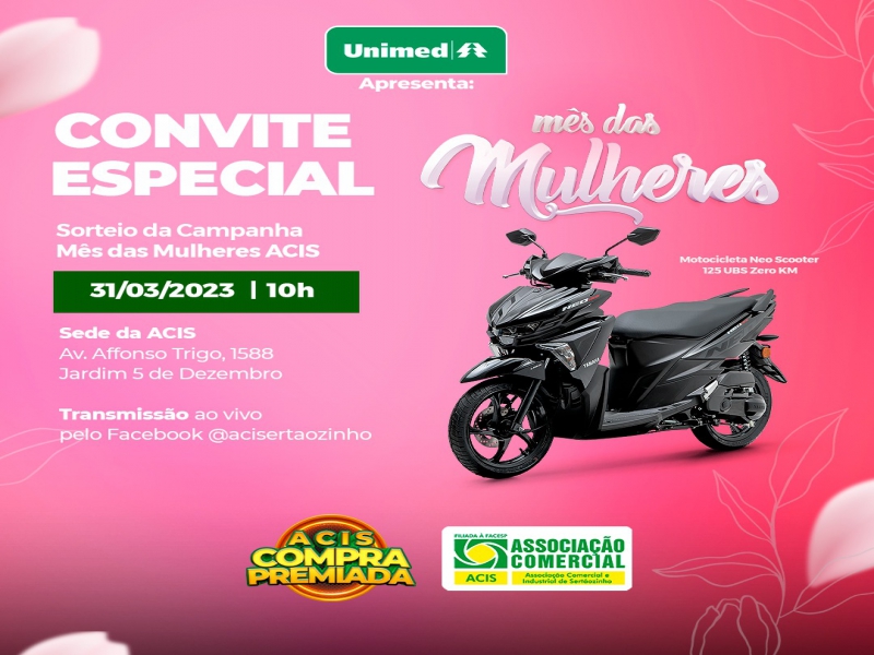 Notícia: Promoção Mês das Mulheres: ACIS realiza sorteio de motocicleta 0 km na sexta, dia 31