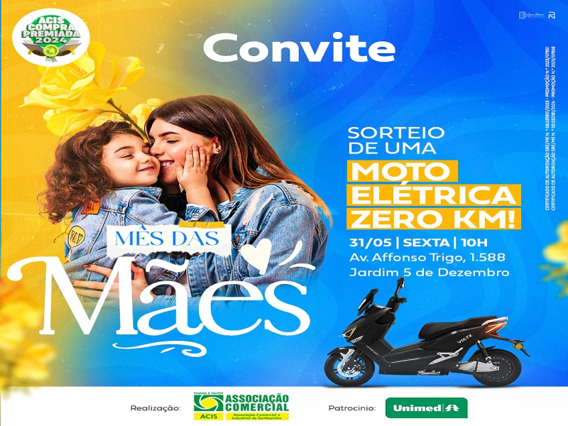 Notícia: Promoção Mês das Mães: ACIS realiza sorteio de mais uma moto elétrica zero km na sexta, dia 31