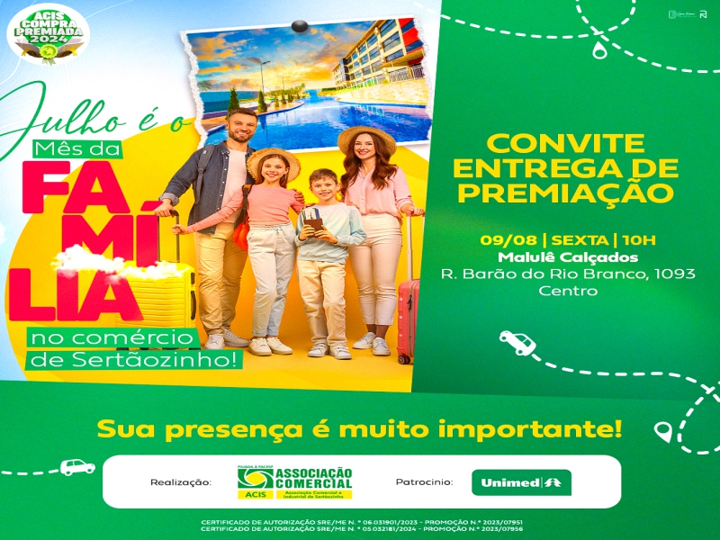 Notícia: Prêmio da promoção Julho - Mês da Família será entregue amanhã, dia 09