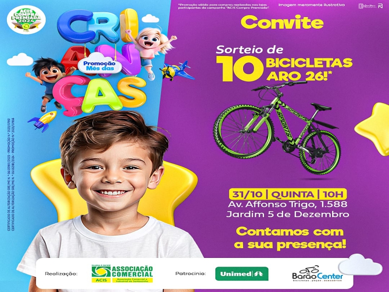 Notícia: Promoção Mês das Crianças: ACIS sorteia 10 bicicletas Aro 26 nesta quinta, dia 31