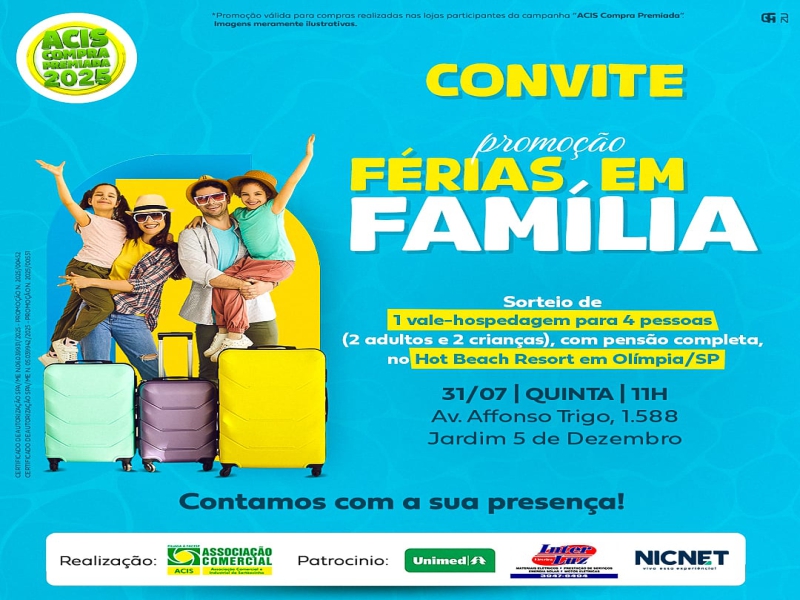 Notícia: Promoção Férias em Família: ACIS realiza sorteio de um vale-hospedagem para quatro pessoas nesta quinta, dia 31