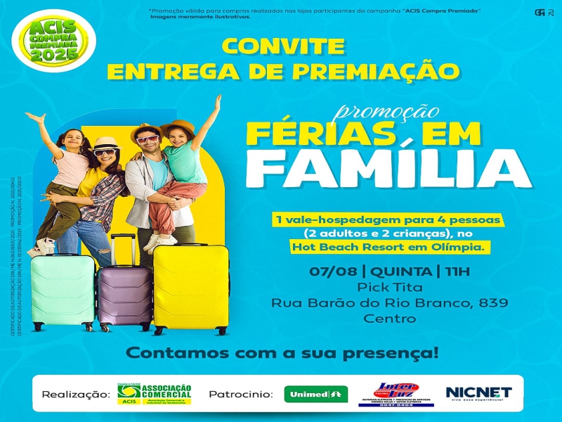 Notícia: Prêmio da promoção Férias em Família será entregue nesta quinta, dia 07, na loja Pick Tita