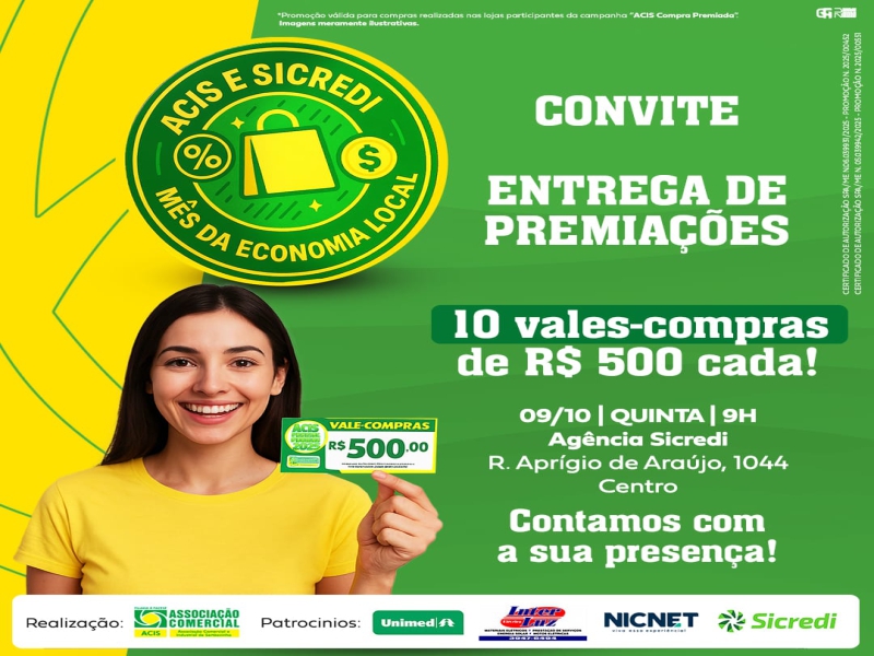 Notícia: Prêmios da promoção ACIS e Sicredi – Mês da Economia Local serão entregues nesta quinta, dia 09